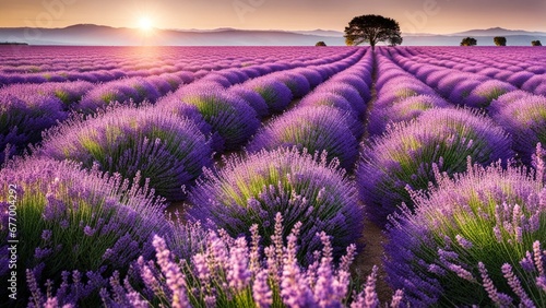 A lavender field in full bloom  releasing its sweet fragrance into the air.