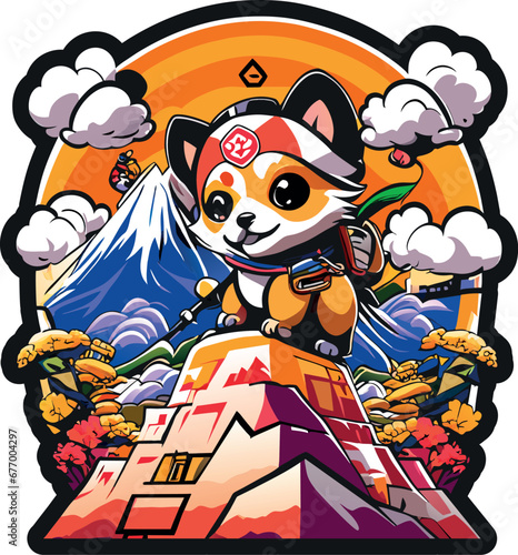Grafiti art of Shiba dog dress in Japanese style standing on the peak of Fuji mountain for T-shirt Print graphic. Vector Illustration.