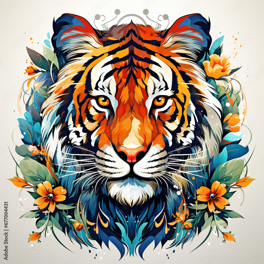 Fototapeta Majestic Tiger Surrounded by Vibrant Floral Illustrations