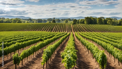 A vineyard in the early stages of grape growth, with neat rows of vines stretching into the distance.