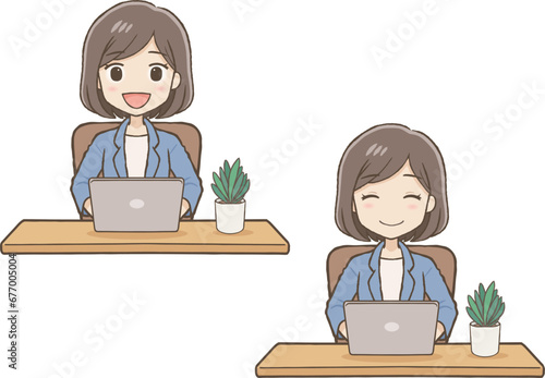 笑顔でパソコン操作をするスーツ女性、表情2種