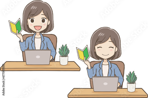 パソコン前で若葉マークを持つスーツ女性、表情2種