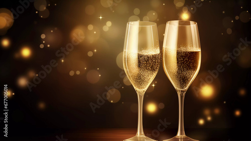 Glasses of champagne with gold glitter and beutiful bokeh background with copy space.New year celebration.
