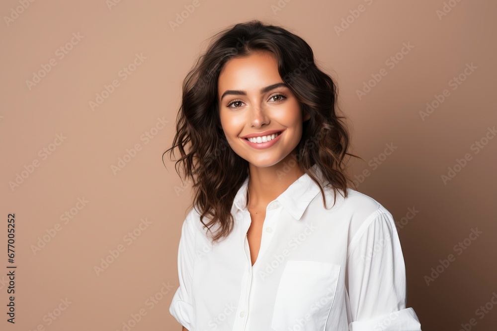 photo of a young woman wearing a white shirt and smiling looking at the camera, one color background, generative ai photo of a young woman wearing a white shirt and smiling looking at the camera, one color background, generative ai