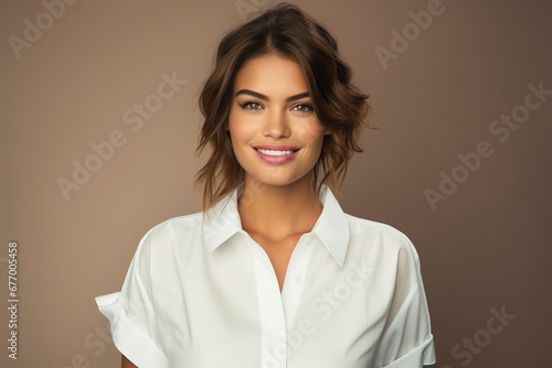 photo of a young woman wearing a white shirt and smiling looking at the camera, one color background, generative ai