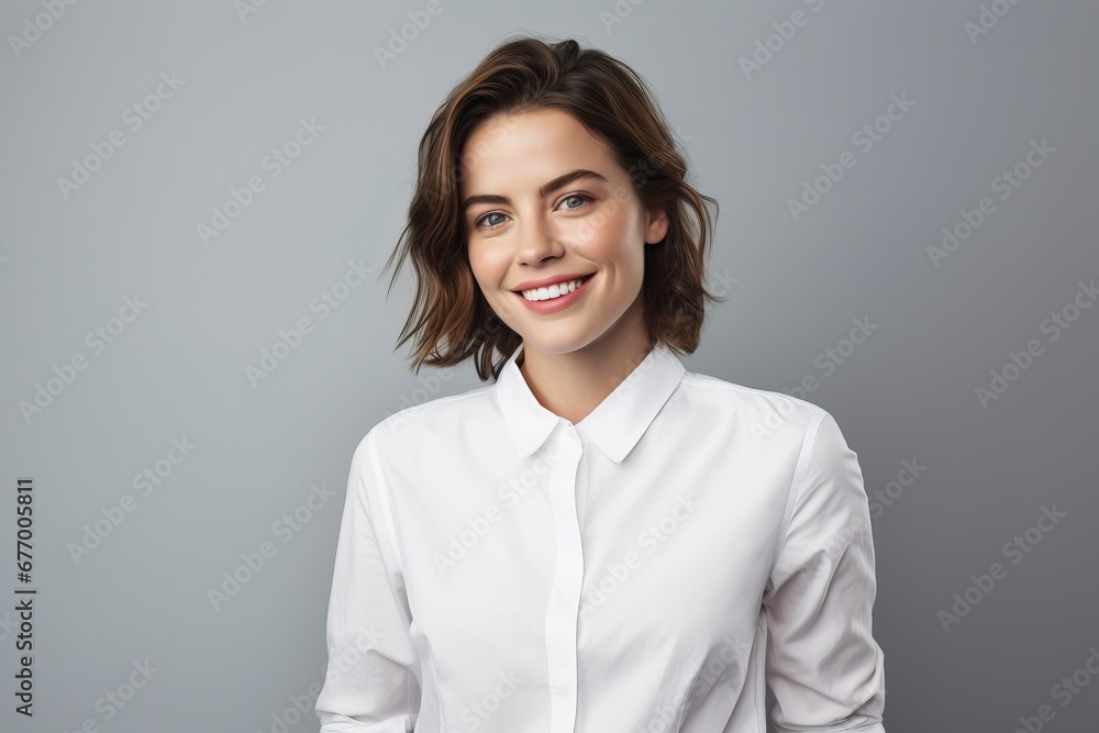 photo of a young woman wearing a white shirt and smiling looking at the camera, one color background, generative ai photo of a young woman wearing a white shirt and smiling looking at the camera, one color background, generative ai