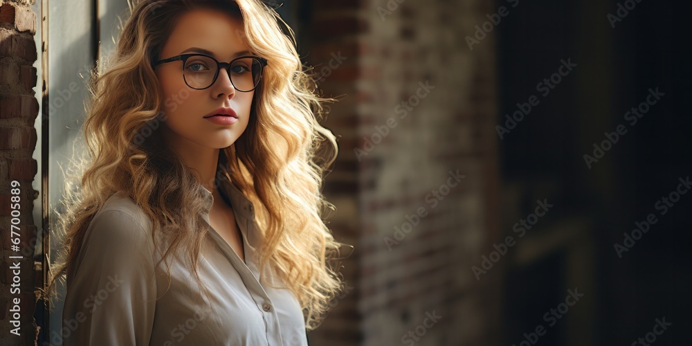 Obraz premium a lady in glasses standing in front of an old brick wall, generative AI