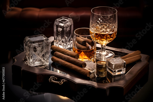 Tumbler glasses of aged whiskey alongside a selection of premium cigars, displayed on a wooden tray with a cigar cutter and an ashtray, realistic photo. Ai Generated.NO.02