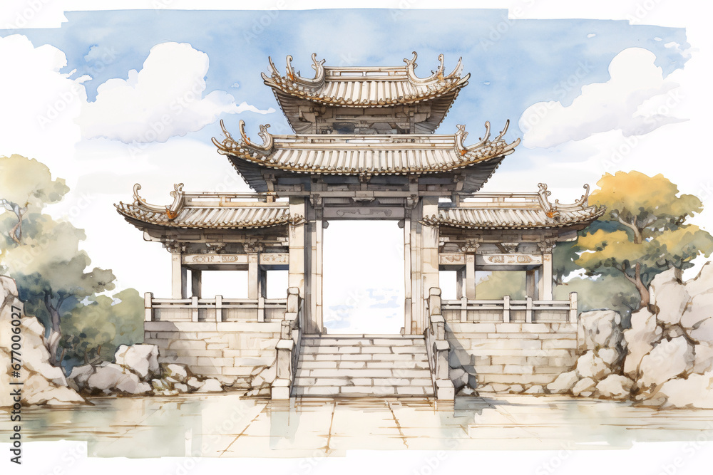 Retro Chinese style historical building illustration, traditional ancient building landmark cultural concept illustration Retro Chinese style historical building illustration, traditional ancient building landmark cultural concept illustration