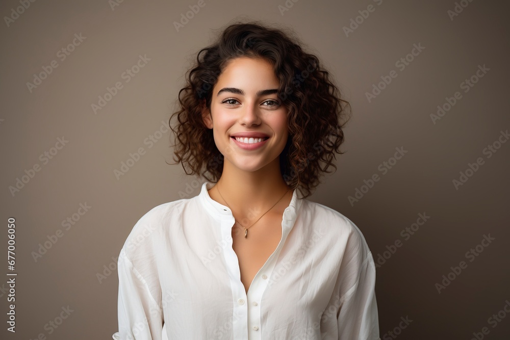 photo of a young woman wearing a white shirt and smiling looking at the camera, one color background, generative ai photo of a young woman wearing a white shirt and smiling looking at the camera, one color background, generative ai