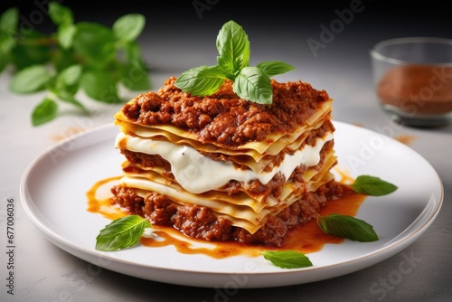 A close up of classic lasagna with minced beef bolognese basil leafs on a white plate