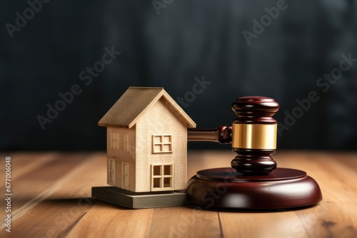A small wooden toy house with a judge s hammer on the table in a courtroom represents real estate law property division and divorce