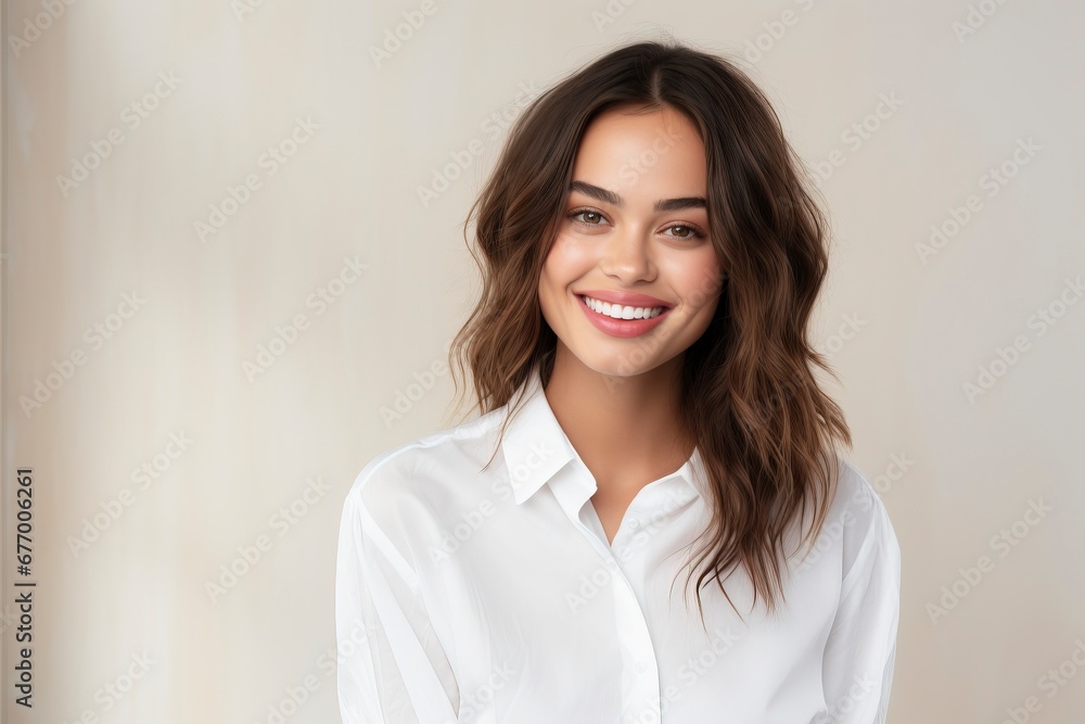 photo of a young woman wearing a white shirt and smiling looking at the camera, one color background, generative ai