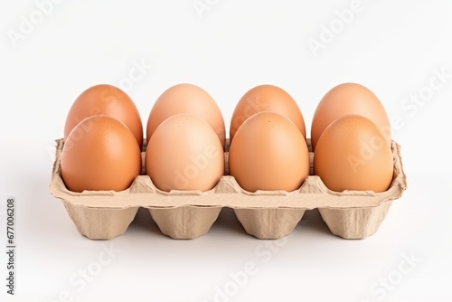 Brown chicken eggs in carton on white background text space available