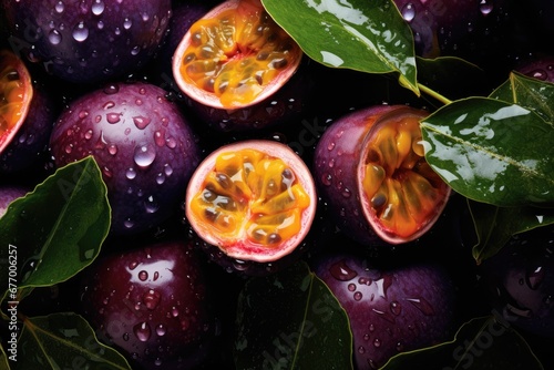 Tropical Temptations: Vibrant Passion Fruits on a Bed of Lush Leaves photo