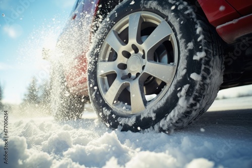 Car wheels spin throwing up snow and snowflakes trying to gain traction on a slippery road