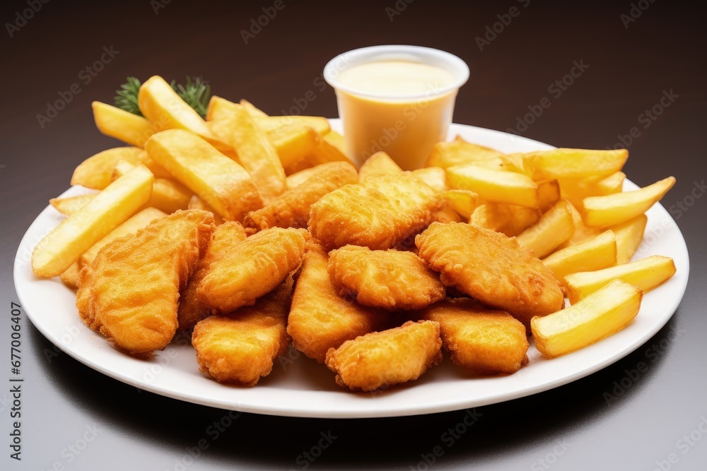 Chicken nuggets and French fries served on a white dish Chicken nuggets and French fries served on a white dish
