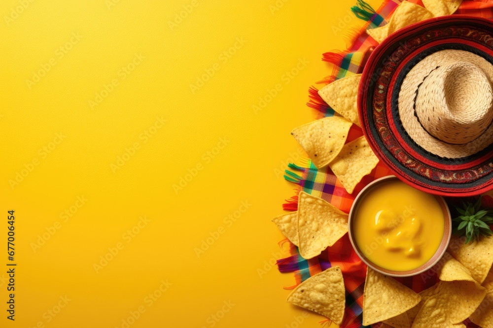 Cinco de mayo party idea Overhead picture of nachos salsa tequila lime and various Mexican decorations on vivid yellow background with space for text