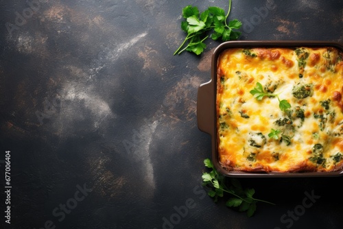 Chicken mushroom spinach lasagna on blue background top view with space