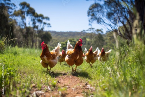 Chickens freely roam a green paddock near Clarkefield Australia