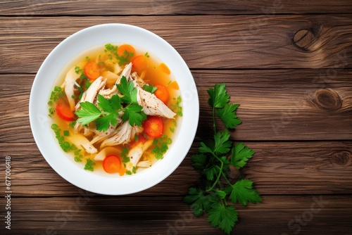Chicken vegetable soup homemade on white wood background