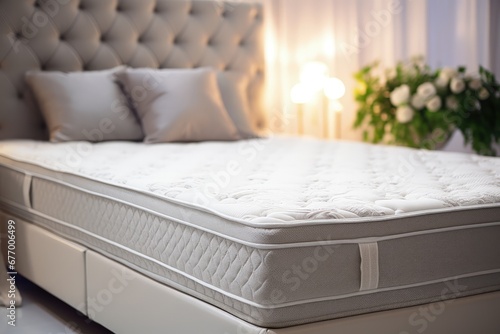 Close up of bed with soft orthopedic mattress in room photo
