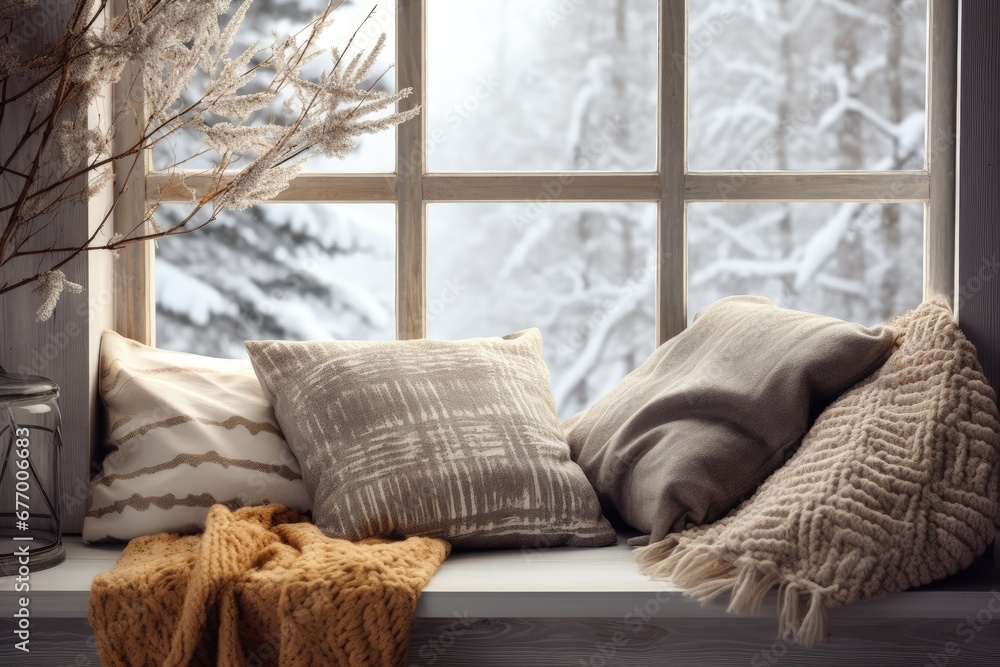 Cozy winter sill with cushions and a knitted plaid