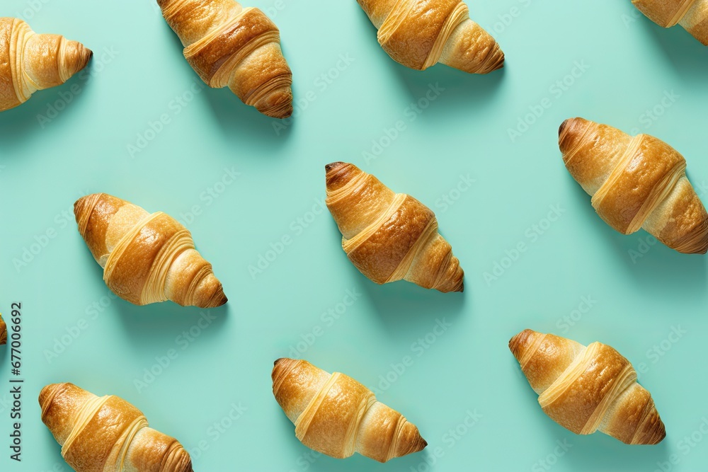 Croissant pattern on light green background Top view minimalistic concept picture Croissant pattern on light green background Top view minimalistic concept picture