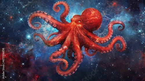 Octopus in outer space. 3D illustration. Fantasy composition.