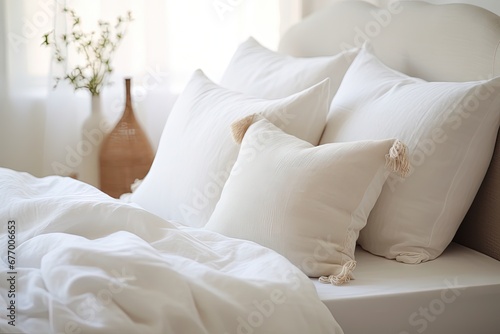 Cozy bed with fluffy white pillows indoors