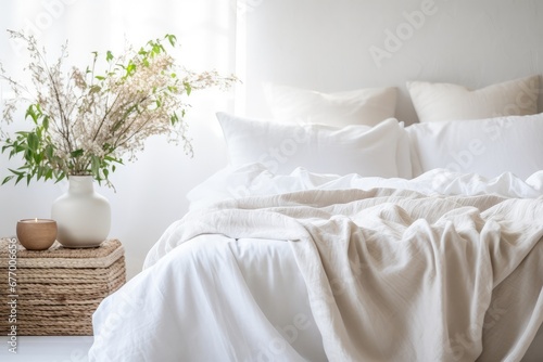 Cozy bed with white sheet in residence photo