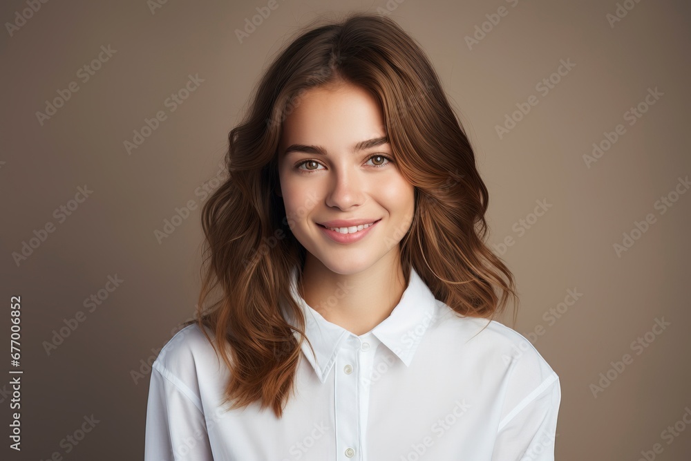 photo of a young woman wearing a white shirt and smiling looking at the camera, one color background, generative ai photo of a young woman wearing a white shirt and smiling looking at the camera, one color background, generative ai