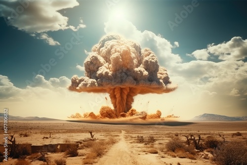 Devastating nuclear bomb explosion mushroom cloud in desert Hydrogen bomb test nuclear disaster