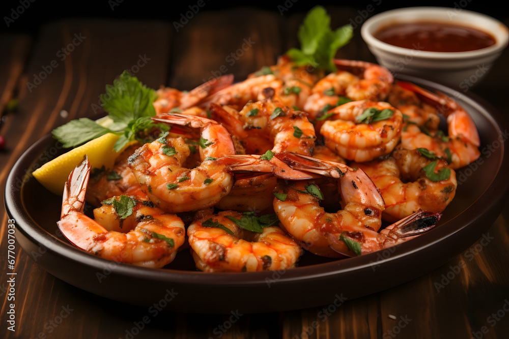 A platter of juicy grilled shrimp skewers, lightly seasoned with garlic and herbs, served with a side of tangy cocktail sauce, realistic photo. Ai Generated.NO.03 A platter of juicy grilled shrimp skewers, lightly seasoned with garlic and herbs, served with a side of tangy cocktail sauce, realistic photo. Ai Generated.NO.03