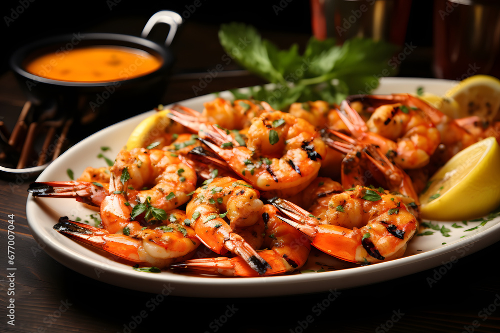 A platter of juicy grilled shrimp skewers, lightly seasoned with garlic and herbs, served with a side of tangy cocktail sauce, realistic photo. Ai Generated.NO.02 A platter of juicy grilled shrimp skewers, lightly seasoned with garlic and herbs, served with a side of tangy cocktail sauce, realistic photo. Ai Generated.NO.02