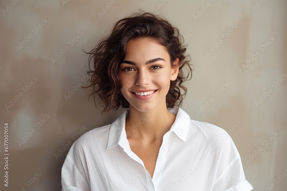 photo of a young woman wearing a white shirt and smiling looking at the camera, one color background, generative ai photo of a young woman wearing a white shirt and smiling looking at the camera, one color background, generative ai