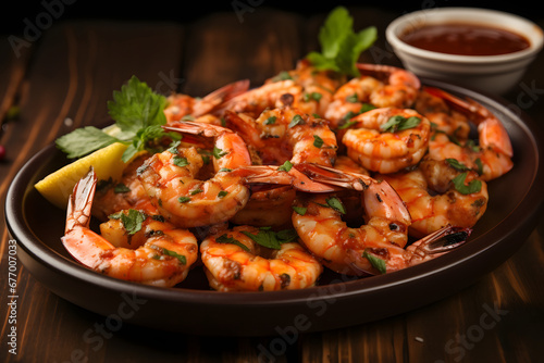 A platter of juicy grilled shrimp skewers, lightly seasoned with garlic and herbs, served with a side of tangy cocktail sauce, realistic photo. Ai Generated.NO.03