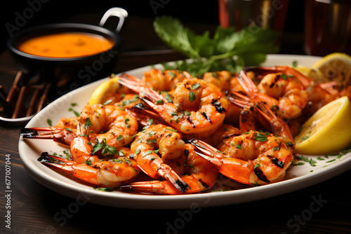 A platter of juicy grilled shrimp skewers, lightly seasoned with garlic and herbs, served with a side of tangy cocktail sauce, realistic photo. Ai Generated.NO.02