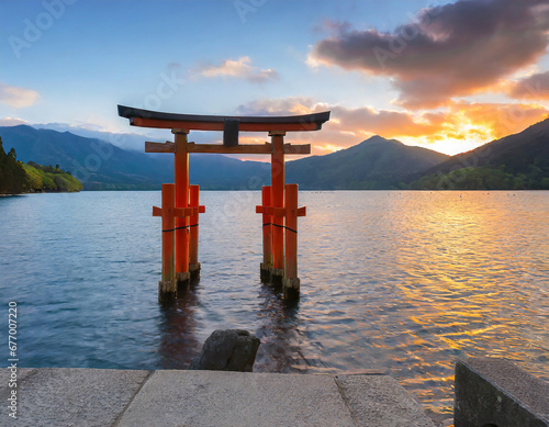 The view of Heiwa no Torii in the lake at Hakone, Japan. The sun is setting, making the sky twilight color in the evening. There are mountains behind and a grey cement ladder leaning into the water