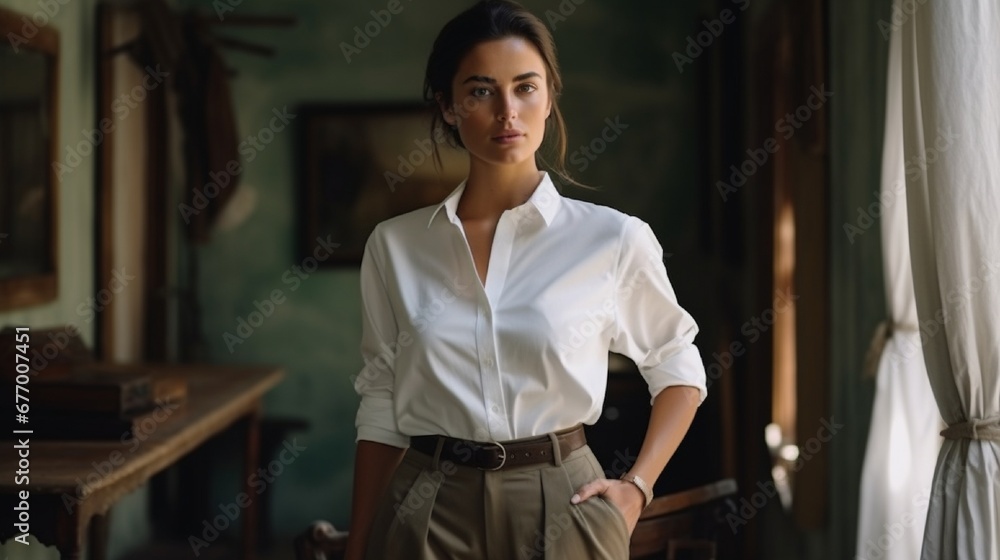 A casual yet refined outfit in white color on a woman in decent style