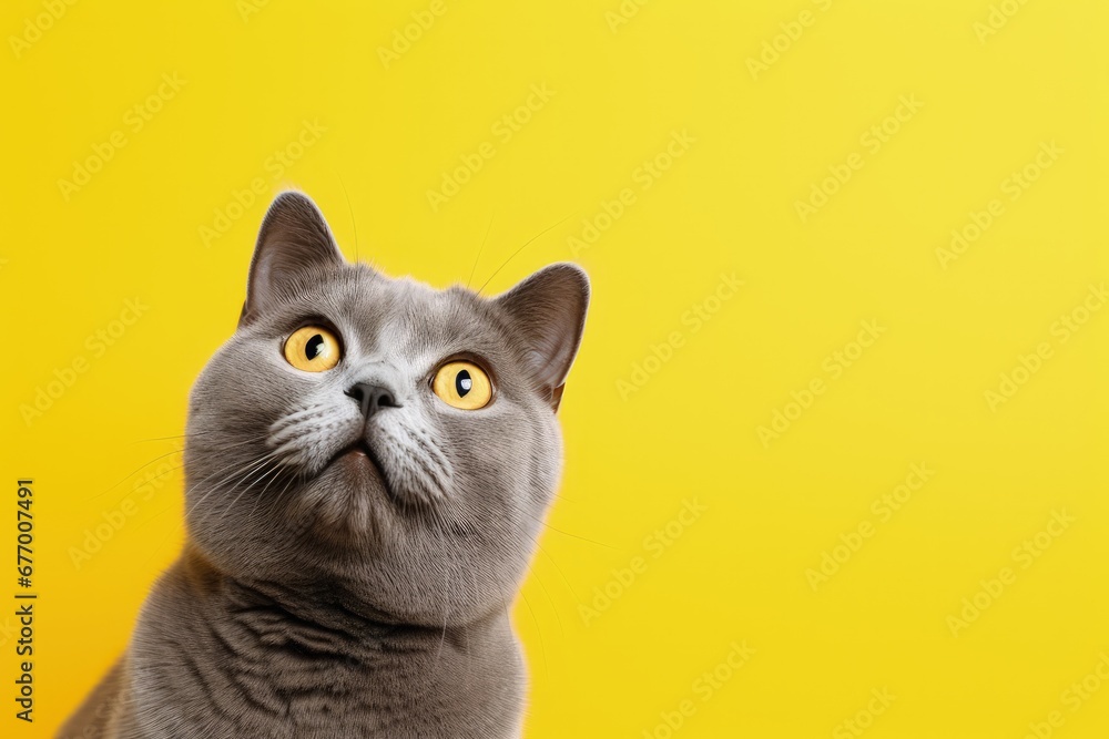 Gray fat cat funny looking up yellow background Ads space