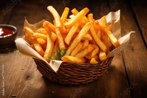 Fries cooked in basket on wooden backdrop