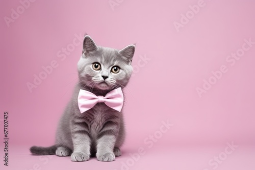 Gray cat with bow tie on pink background Monochrome background with text space Cat postcard for Valentine s Spring Women s Day © LimeSky