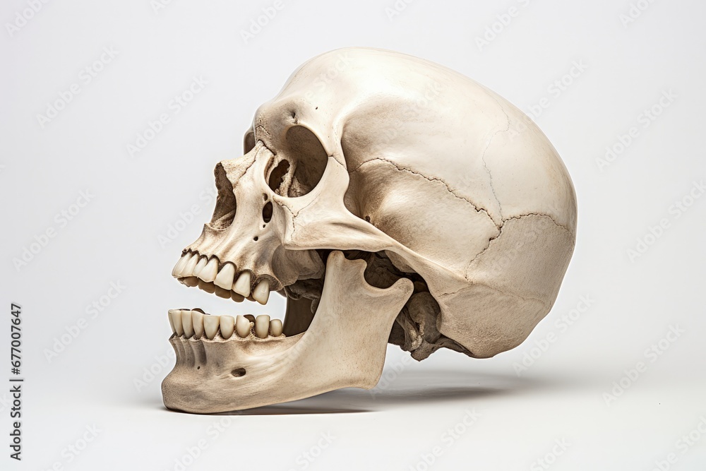 Human skull seen from the left side with an open mouth isolated on white - obrazy, fototapety, plakaty 