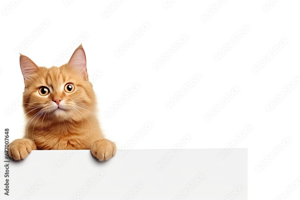 Humorous cat holds sign on white background for web banner Humorous cat holds sign on white background for web banner