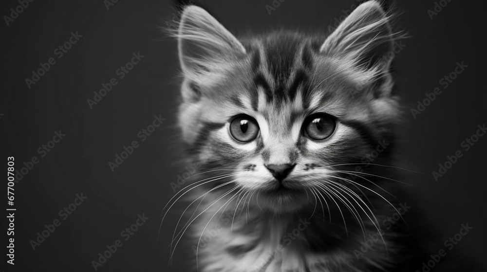 Black and White Isolated Closeup of a Kitten With Copy Space