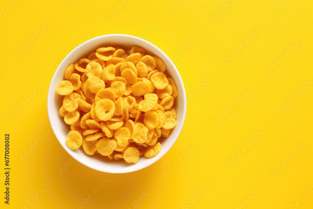 Top view of a healthy cereal breakfast with cornflakes in a bowl on a yellow background. Top view of a healthy cereal breakfast with cornflakes in a bowl on a yellow background.