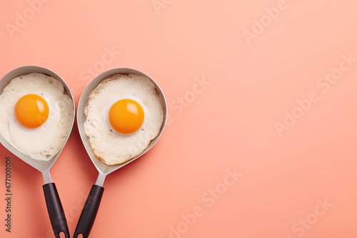 Heart-shaped fried eggs and a creative idea depicted on a pastel background. Minimal food concept for Valentine's day.