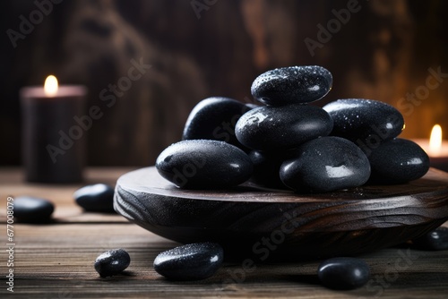 Black stones on wooden base with steam backdrop. Idea of sauna, therapy, relaxation, and health.