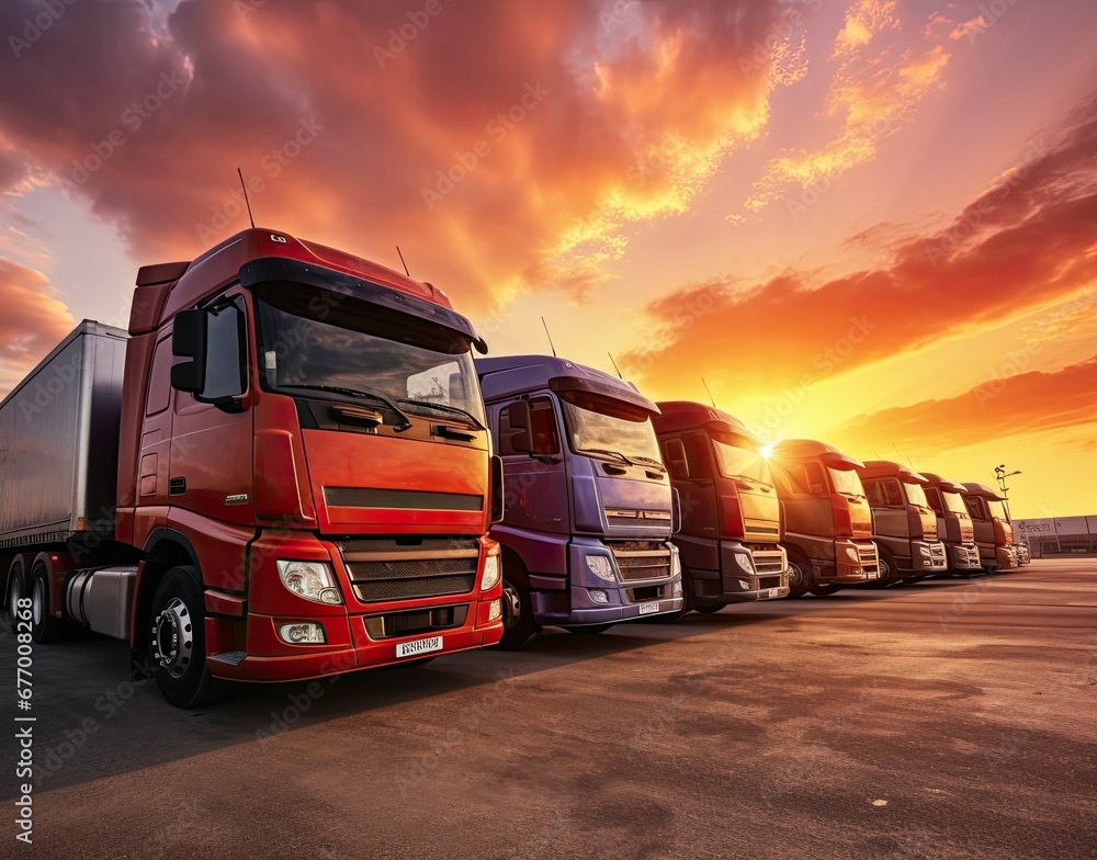 Trucks parked at sunset with shipping containers, wheels, auto shop, diesel, lorry, and cargo transport. Trucks parked at sunset with shipping containers, wheels, auto shop, diesel, lorry, and cargo transport.
